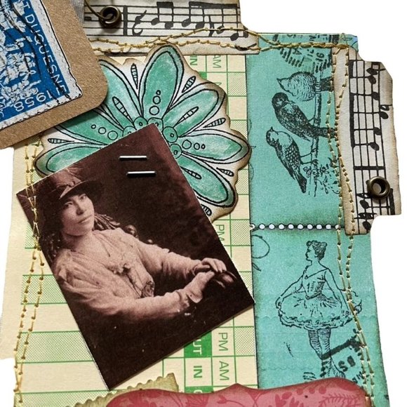 Junk Journal Bookmark with Charms Collage Ephemera Hand Sewn u - Picture 3 of 6